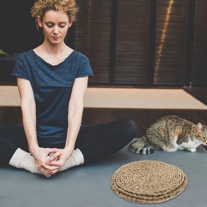 Double-Layer Handwoven Meditation Floor Cushion 30x30cm Woven Straw Sitting Mat Thickened Sitting Mat for Zen Practice Indoor Yoga Seating