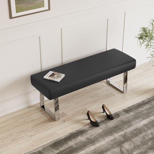 JIEXI Bedroom Bench Bed end upholstered Bench Indoor Corner Small Footstool with Metal Legs, for Kitchen entryway Dining Room and Living Room Window - color: Black, size: 55 IN