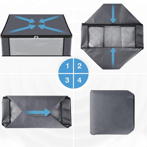 HomeHacks Storage 3-Pack Clothes Organizer Storage Bags Foldable Storage Box with Large Clear Window Sturdy Handles for Closet, Dorm, Pillows, Bedding, Clothes, Blankets, 35L, Gray