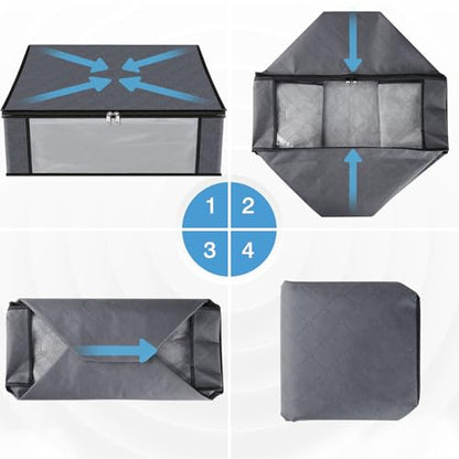 HomeHacks Storage 3-Pack Clothes Organizer Storage Bags Foldable Storage Box with Large Clear Window Sturdy Handles for Closet, Dorm, Pillows, Bedding, Clothes, Blankets, 35L, Gray