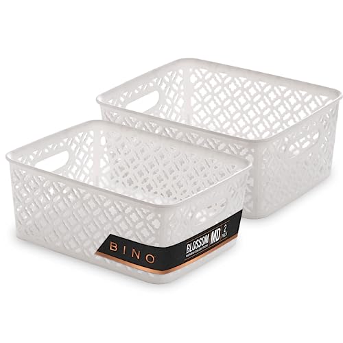 BINO l Plastic Storage Baskets, Medium - White | THE BLOSSOM COLLECTION l Multi-Use Organizer Bin l Built-in Handles l Plastic Woven Basket for Organizing l Pantry & Home Organizing Basket - color: White, size: 2PK Medium