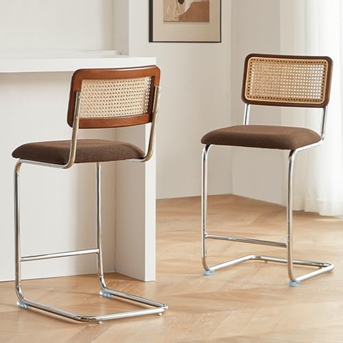 Natural Rattan Counter Height Stools Set of 2 with Solid Wood Back, 24 Inch Mid Century Modern Cesca Bar Stools, Brown Upholstery Boho Stool for Kitchen Counter with Chrome Metal Legs - color: Brown, size: 2PCS-24'' Counter Height Stool