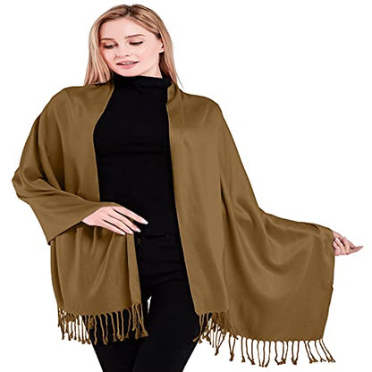 CJ Apparel Solid Color Tassels Design Nepalese Shawl Scarf Wrap Stole Throw Head Wrap Pashmina Gift Hand Made in Nepal New - color: Mode Beige Mix