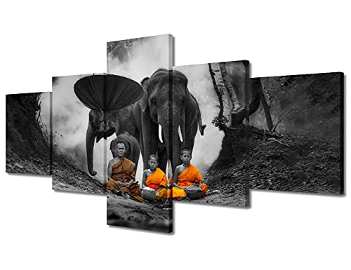 TUMOVO Black and White Wall Art for Living Room Zen Buddhist Wall Paintings Elephant Pictures for Bedroom Thai Buddhist Monks Home Decor 5 Panel Modern Artwork Framed Ready to Hang (50''Wx 24''H) - color: Artwork-10, size: 50''Wx24''H