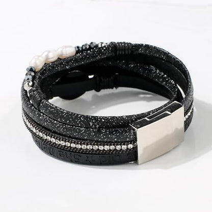 Artilady Leather Wrap Bracelets for Women - Pearl Bracelets Handmade Clasp Bangle Bracelet with Beads Jewelry Gift for Women and Mother - style: So She Did, Black