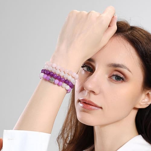 Fengling 4 PCS Beaded Crystal Bracelet for Women 8mm Natural Gemstones Handmade Bracelet for Girls Healing Stretch Bracelets Crystal Jewelry for Women Gifts - color: Lilac Jade &Natural Pink Crystal&Amethyst