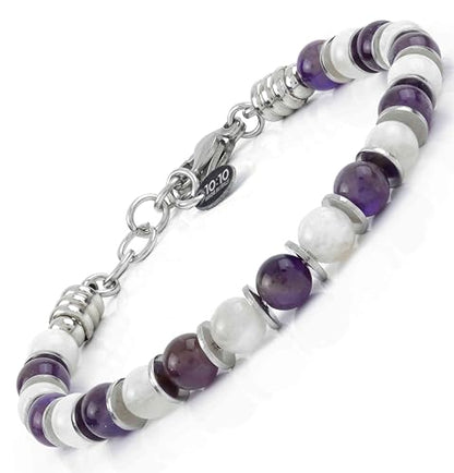 Beaded Bracelet for Men and Women – Natural Gemstone and Stainless Steel – Adjustable, Durable and Elegant – Made in Italy - color: Amethyst - Moonstone