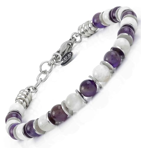 Beaded Bracelet for Men and Women – Natural Gemstone and Stainless Steel – Adjustable, Durable and Elegant – Made in Italy - color: Amethyst - Moonstone