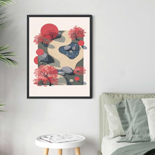 Framed Japanese Zen Garden Poster Canvas Print Art Modern Minimalist Aesthetic Wall Art Painting Pictures Wall Decor, Elegant Home Decoration for Living Room Bedroom Office (black frame,12" LX16 W)