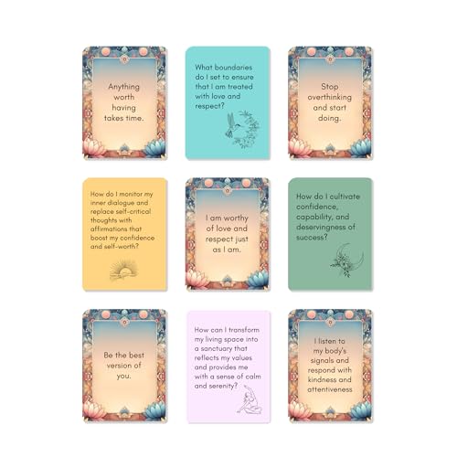Mindful Moments Daily Affirmation Cards for Women, 106 Positive Inspirational Messages & Self Reflection Journal Prompts, Meditation Cards with Display Stand