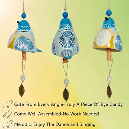 Cute Ceramic Wind Chimes for Outside and Indoor, Memorial Windchime with Soothing Melodic Tones, Gifts for Mom, Garden Patio Balcony Home Decor Hanging Windchimes (Single Bird-Blue)