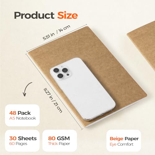 48 Pack Kraft Notebooks Bulk A5, 60 Pages Blank Unlined Journals, 8.3x5.5 Inches, Natural Kraft Cover Composition Notebooks for School Office Students Artists