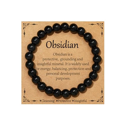 Healing Crystal Bracelet for Women, Natural Stone Beaded Healing Crystal Bracelet Triple Protection Stress Relief Beads Jewelry Birthday Gifts Jewelry for Her - style: Black Obsidian