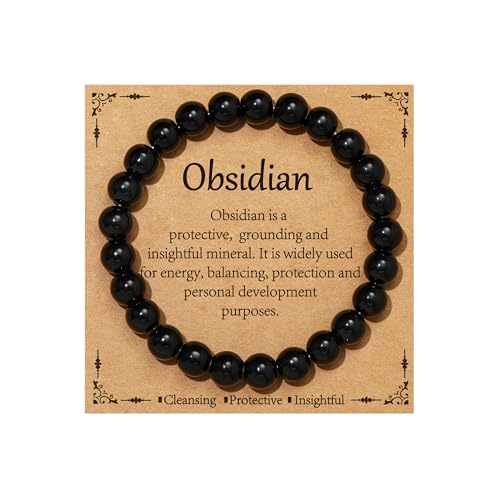 Healing Crystal Bracelet for Women, Natural Stone Beaded Healing Crystal Bracelet Triple Protection Stress Relief Beads Jewelry Birthday Gifts Jewelry for Her - style: Black Obsidian