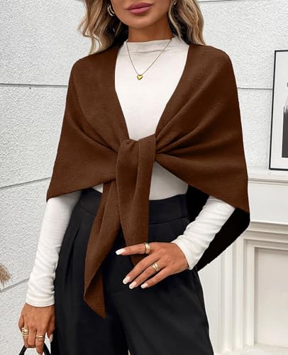 Womens Knitted Shawl Wraps Casual Solid Color Cape Scarf Comfortable Triangle Pashmina Shoulder Sweater - color: Coffee
