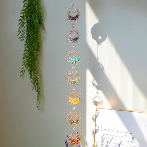 7 Chakra Healing Crystals Hanging Ornament，Handmade Sun Chakra Stones Natrual Gemstones Wall Hanging Ornaments for Home Decor Yoga Meditation (7 Chakra Sun)