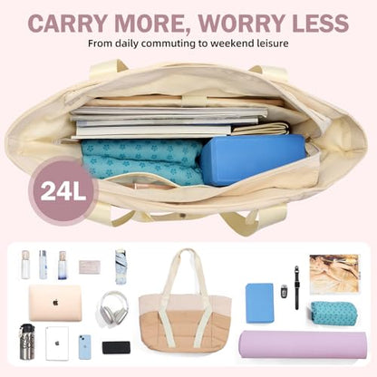 Axcone Women's Yoga Tote Bag with Luggage Sleeve & Mat Straps - Gym Work Bag for Office, Commute, Sports,Travel - color: Beige