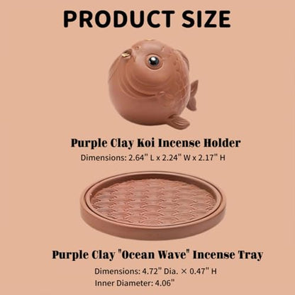 Purple Clay Koi Incense Holder with Tray, Ceramic Fish Incense Burner for Decorative Home Decor