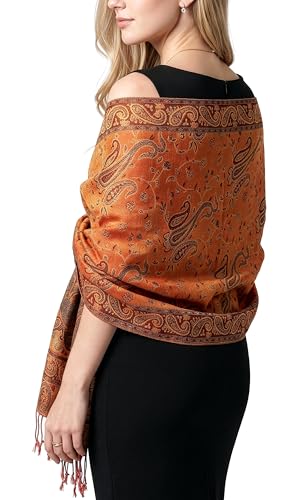 Achillea Reversible Paisley Pashmina Rave Scarf – Exotic Indian Shawls and Wraps for Evening Dresses, Festivals, All Seasons - color: Orange