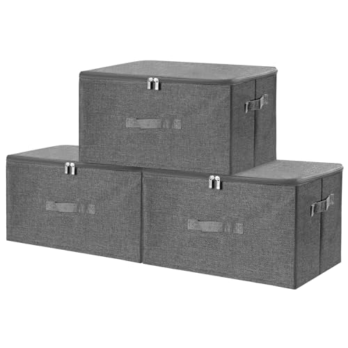 ANMINY 3PCS Storage Bins with Zipper Lids 36 Qt Lidded Fabric Storage Boxes Baskets Cubes with Handles Collapsible Washable Cotton Linen Closet Shelf Clothes Organizer Containers - Gray, Large - color: Gray, size: Large (Pack of 3)