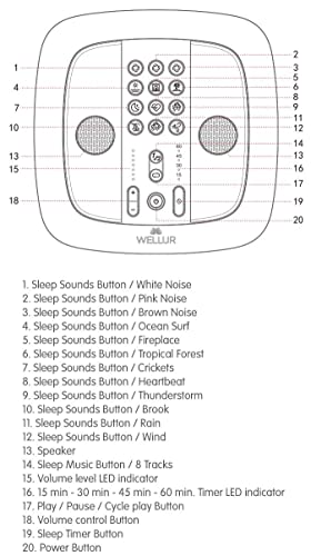 WELLUR - Stereo Sound White Noise and Natural Sound Sleep Machine with Relaxing Spa Music. Dual Build in Speakers & 3.5mm Headphone Jack, with Timer Option and USB 2.1A Port. Adapter Included (White)