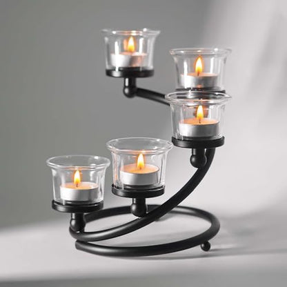 1PC Clear Chunky 5 Cups Metal Tea Light Candle Holders for Table Centerpiece, Glass Votive Tealight Holders/Candelabra Candlestick Holders for Wedding,Party, Anniversary,Christmas(Black) - color: Black