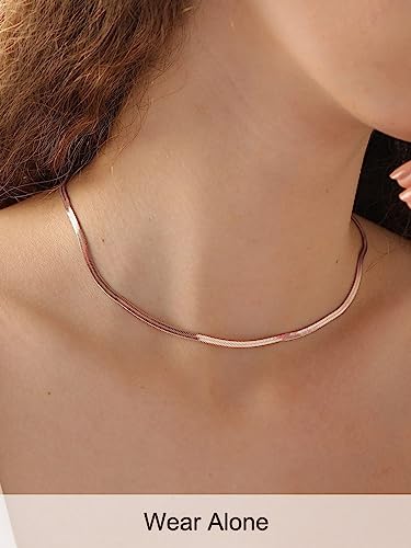 FOCALOOK 14K Gold Plated Necklaces for Women, Fashion Herringbone Choker Necklace Stainless Steel Flat Snake Chain 3/5MM(W) 12.5"/15"/18"+3.5"(L) - color: 3MM-Rose Gold-18"