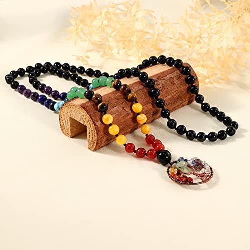 Bivei 108 Mala Beads Necklace Life Tree 7 Chakra Wrap Bracelet Real Healing Gemstone Yoga Meditation Hand Knotted Mala Prayer Bead Necklace - color: Black Agate, size: 8mm