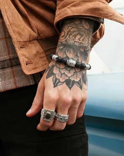 Men’s Beaded Bracelet Natural Stone – Adjustable Lava Rock Bracelet for Men, Handmade Stretch Bracelet, Minimalist Jewelry Gift for Him Husband Boyfriend