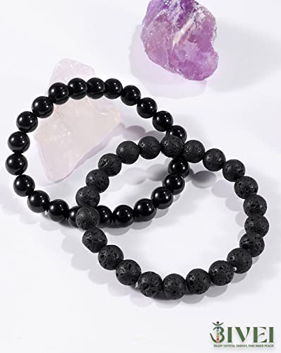 Bivei Natural Gemstone Semi Precious Healing Crystals Handmade Stretchy Round Beads Bracelet,Stocking Stuffers for Women Enhance Positive Energy - color: 8mm Lava Stone & Black Obsidian (Protection), size: Medium: 6.8-7.24 inch