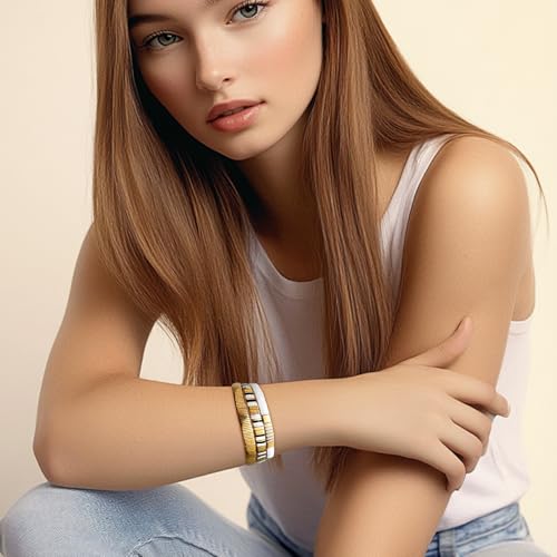 Tila Beaded Stretch Strand Bracelets for Women, Cute Boho Stackable Handmade Colorful Mixed Flat Square Beads Elastic Beach Surfer Bracelet Trendy Jewelry Friend Gift - color: Solid Gold