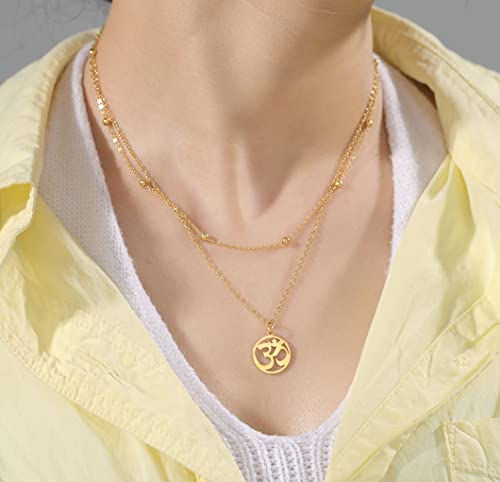 UNIFT Necklace For Women- Aum Om Ohm Sanskrit Symbol Round Pendant Beaded Double Layer Chain Charm Necklace,Hinduism Yoga Sanskrit Personalized Amulet Dainty Pendant Necklace Jewelry - color: gold