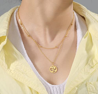 UNIFT Necklace For Women- Aum Om Ohm Sanskrit Symbol Round Pendant Beaded Double Layer Chain Charm Necklace,Hinduism Yoga Sanskrit Personalized Amulet Dainty Pendant Necklace Jewelry - color: gold