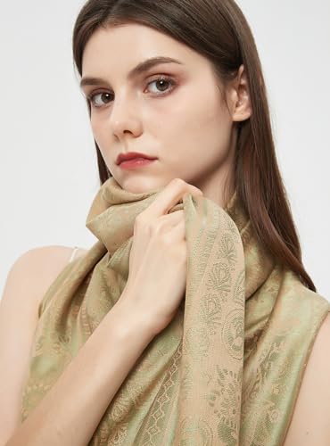 Pashmina Shawl Wrap with Ethnic Paisley Two Tone Jacquard Scarf for Women - color: Light Green