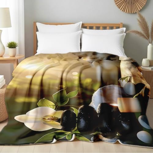 Zen Stone Candle Print Flannel Blanket Spa Themed Throw Blanket Cozy Couch Bed Throw Bedding Meditation Decor Gifts (49"x59")
