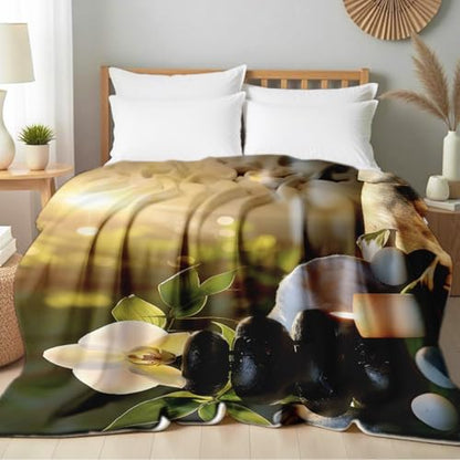 Zen Stone Candle Print Flannel Blanket Spa Themed Throw Blanket Cozy Couch Bed Throw Bedding Meditation Decor Gifts (49"x59")