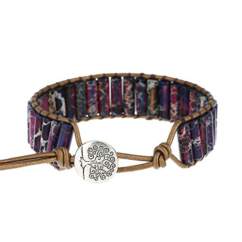 Women Boho Handmade Natural Stone Crystal Leather Bead Wrap Bracelets Collection - style: Purple Jasper 1W