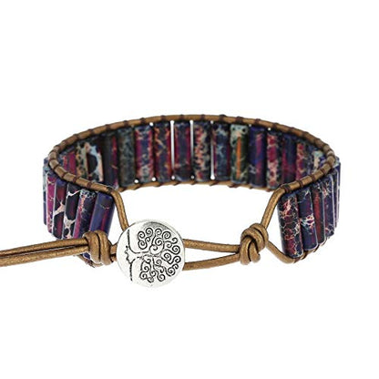 Women Boho Handmade Natural Stone Crystal Leather Bead Wrap Bracelets Collection - style: Purple Jasper 1W