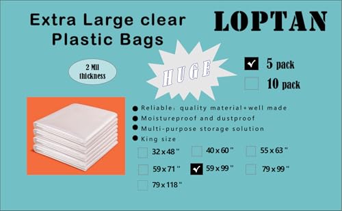Giant Storage Bags 59 x 99 inches Huge Clear Plastic Bags Perfect for Garage, Furniture, Luggage, Home Appliances, Kids Toys, Equipments, Industry or Agriculture Use and More (5 pack) - size: 59 x 99"