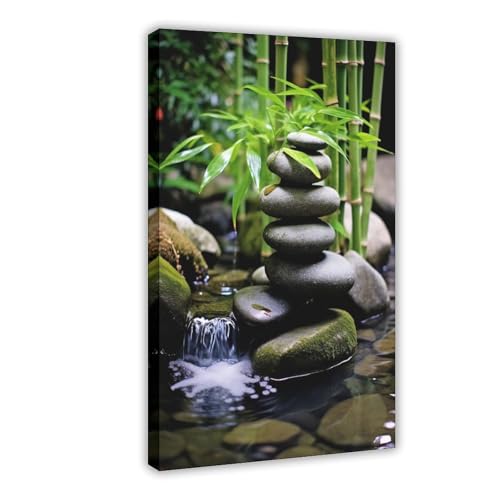 Bamboo Leaves, Zen Art Style, Zen Stones, Tranquility, Living Room Wall Decor Canvas Paintings Rustic And Pastoral Style Wall Art Bedroom Aesthetic Home Wall Decorations 20x30inch(50x75cm) Frame-style - color: Frame-style, size: 20x30inch(50x75cm)