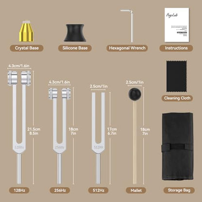 POGOLAB Tuning Forks for Healing Set (128Hz, 256Hz, 512Hz), with Percussion Hammer Mallet, Crystal Base & Storage Pouch, Sound Therapy Instrument for Chakra/Yoga/Meditation