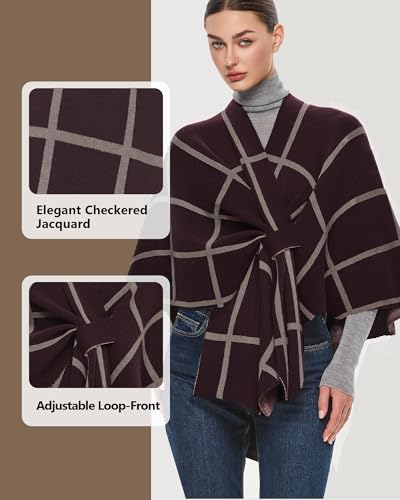 PULI Women's Elegant Shawl Wraps Soft Open Front Poncho Sweater for Spring Fall Winter - color: Classic Check-burgundy and Oatmeal