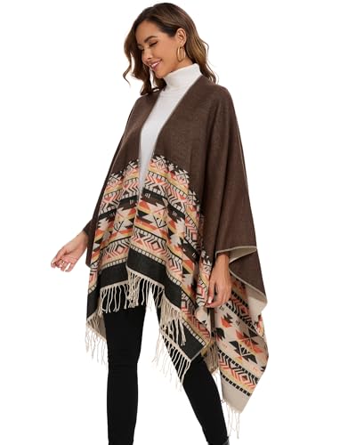 Shawl Wraps for Women, Elegant Knitted Cape Open Front Poncho Scarf Blanket Cardigan Coat for Spring, Autumn, and Winter - color: Brown Beige