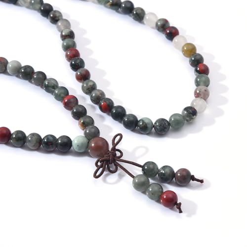 108 Mala Prayer Beads Bracelet 6mm Genuine Gemstone Healing Crystal Stone Beaded Bracelet Buddhist Tibetan Handmade Knotted Elastic Necklace for Yoga Meditation Unisex Women Men - color: African Bloodstone