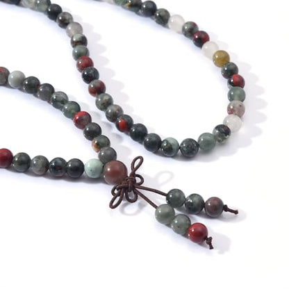 108 Mala Prayer Beads Bracelet 6mm Genuine Gemstone Healing Crystal Stone Beaded Bracelet Buddhist Tibetan Handmade Knotted Elastic Necklace for Yoga Meditation Unisex Women Men - color: African Bloodstone