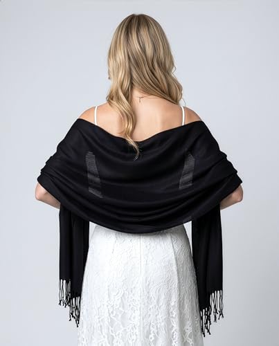 Achillea Lightweight Pashmina Scarf for Women – Soft Silky Shawl Wrap for Evening Dresses, Bridesmaids & Everyday Wear - color: Black