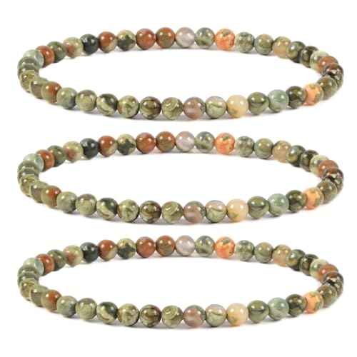Justinstones Gem Semi Precious Gemstone 3pcs 4mm Round Beads Stretch Bracelet 6.5 Inch Unisex - color: Rhyolite Jasper