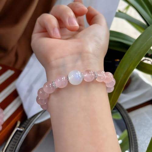 Rose Quartz Bracelet, 8mm Natural Gemstone Love Stone Jewelry Anxiety Relief & Meditation Support Heart Chakra Balance Valentine’s Mother’s Day Gift for Her - color: Sakura pink