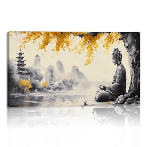 JINLUNTA Buddha Canvas Wall Art Black and White Zen Meditation Painting Golden Leave Landscape Spiritual Buddhist Wall Decor for Living Room Bedroom Yoga Studio(Art-1,18.00"x36.00") - color: Art-1, size: 36"L x 18"W