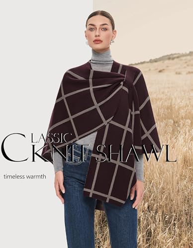 PULI Womens Elegant Cross Front Shawl Wraps Knitted Ponchos Cape Light Weight Poncho Sweater Soft Warm Travel Wraps - color: Classic Check-burgundy and Oatmeal